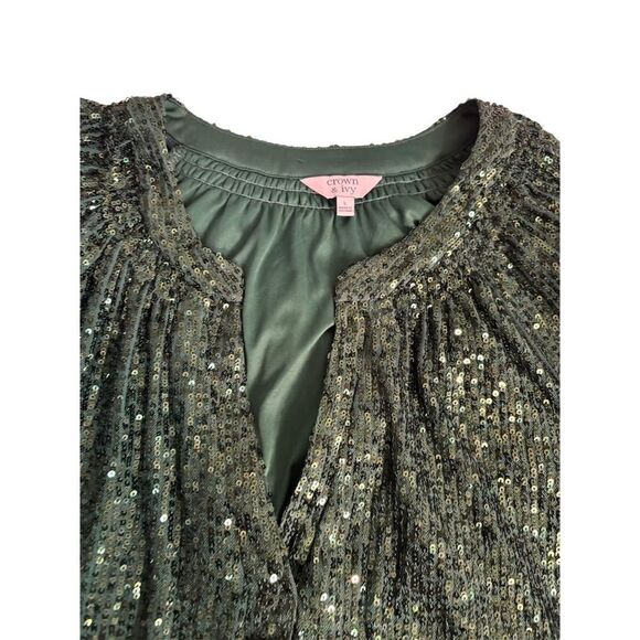 Crown & Ivy Women's Sequin Blouse Green Long Sleeve Size L Christmas Holidays - Picture 7 of 9